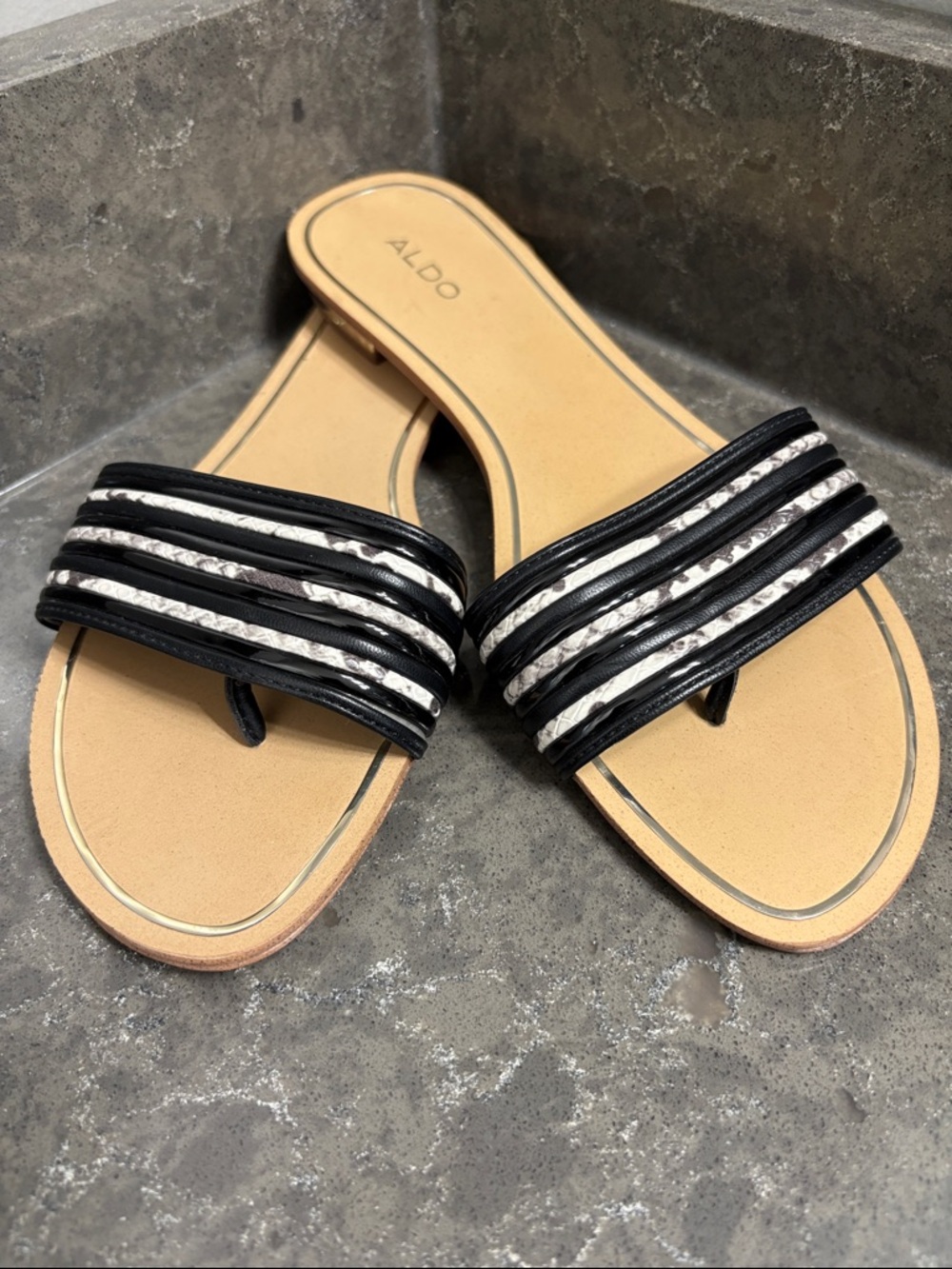ALDO Black and Silver Striped Slide Sandals